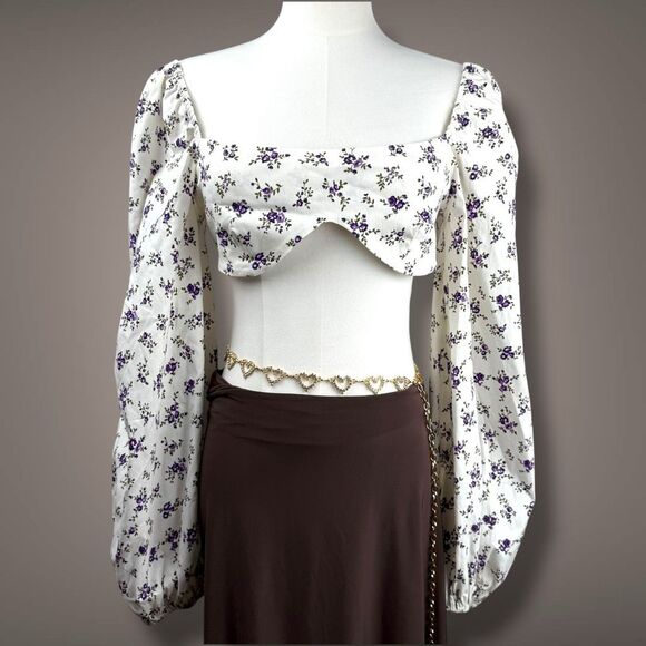 CottageCore Long Sleeve Puff Corset Crop Top Size 6 Floral Romantic Fall Layers - Picture 1 of 16